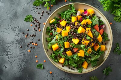 Éclats de saveurs : salade végétalienne de lentilles beluga et mangue