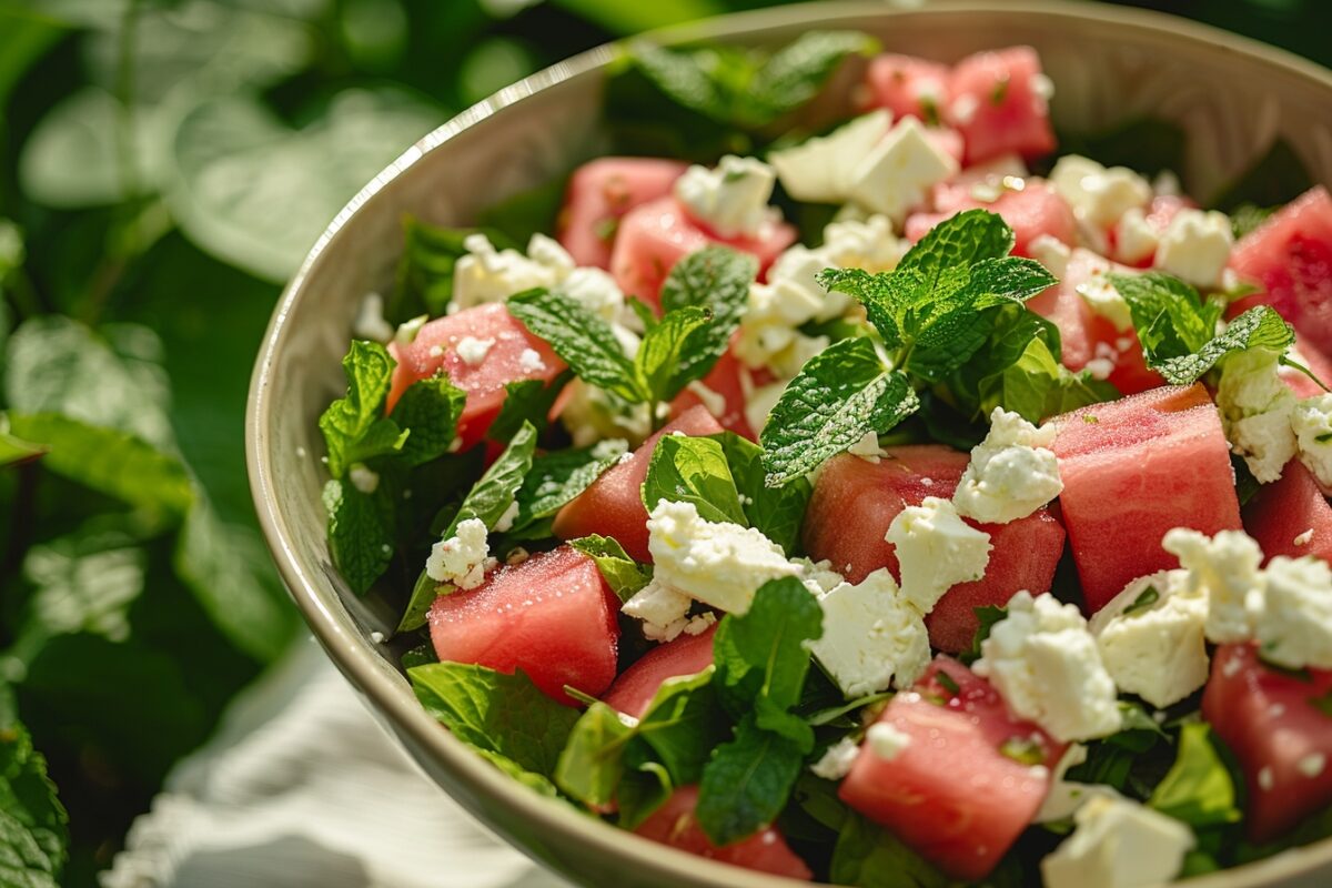 Instant de pureté : salade de watermelon, feta végétalienne et menthe