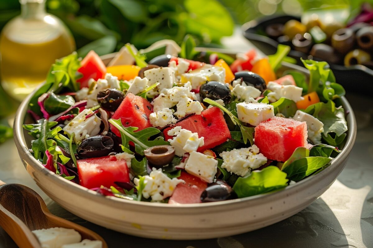 Instant fraîcheur : salade végétalienne de pastèque, feta et olives noires