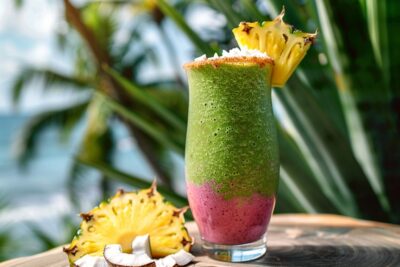 Réveil tropical : smoothie ananas, coco et spiruline, éveil végétalien