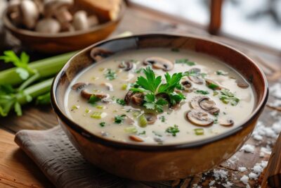 Découvrez la douceur hivernale avec notre soupe veloutée de céleri et champignons, un délice à partager