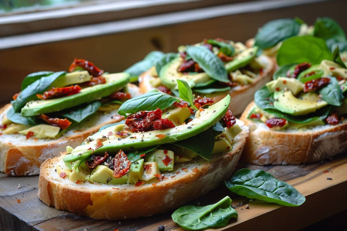 Bruschetta avocat, épinard et tomates séchées : un délice simple et rafraîchissant à ne pas manquer