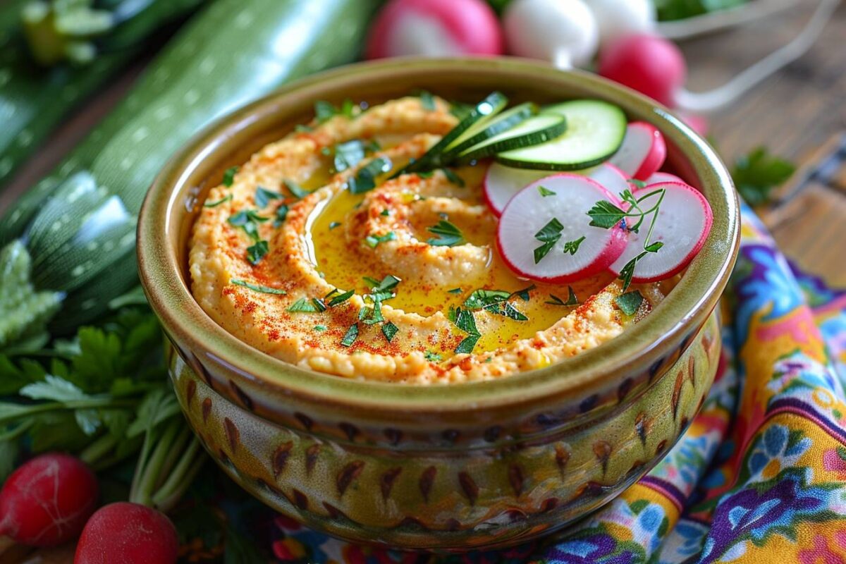 Découvrez comment réaliser un délicieux houmous bowl aux courgettes et radis pour éblouir vos invités