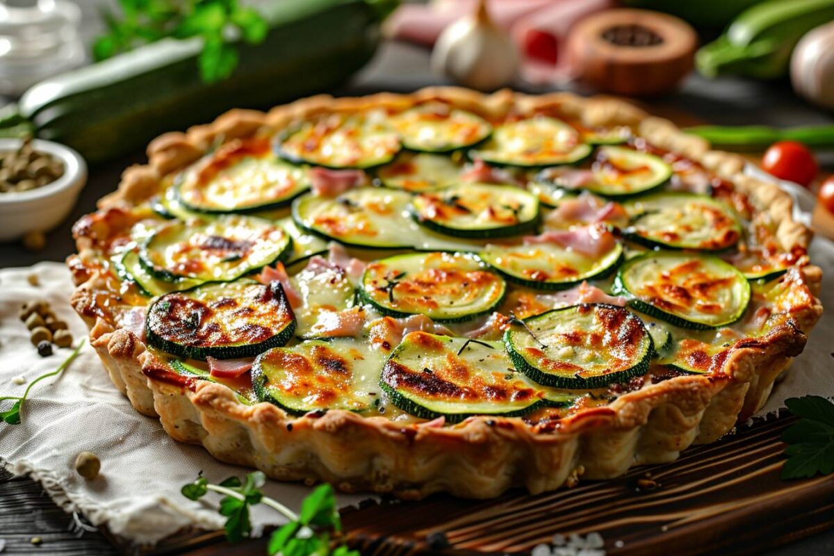 Découvrez la savoureuse tarte légère aux courgettes, jambon et chèvre gratiné, une recette facile pour égayer vos soirées