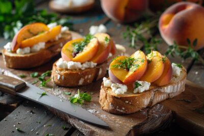 Découvrez les tartines de pêches rôties et chèvre, un délice sucré-salé à préparer en un clin d’œil