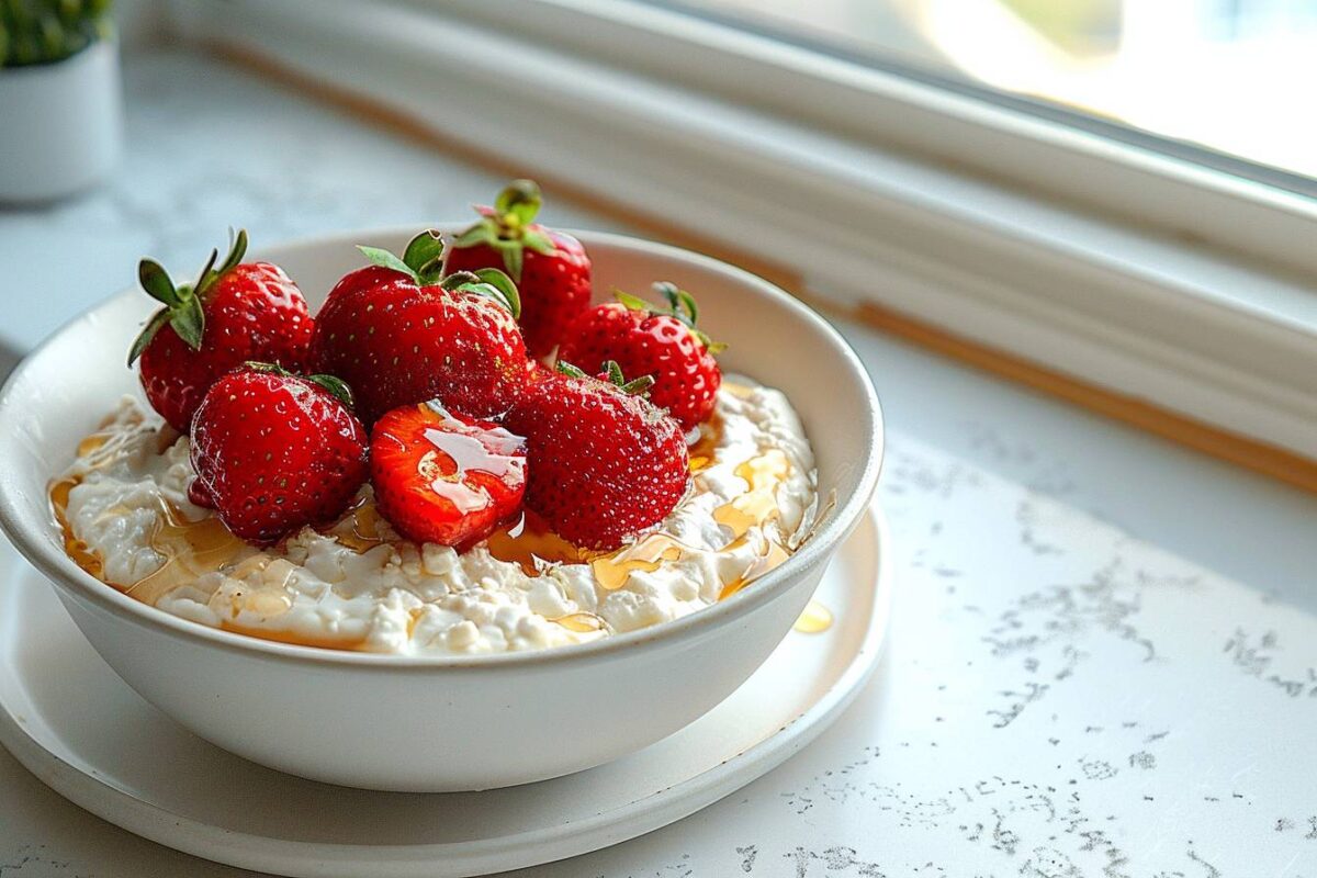 La fraîcheur de fromage blanc, miel et fraises pour un dessert léger et savoureux, prêt en 10 minutes