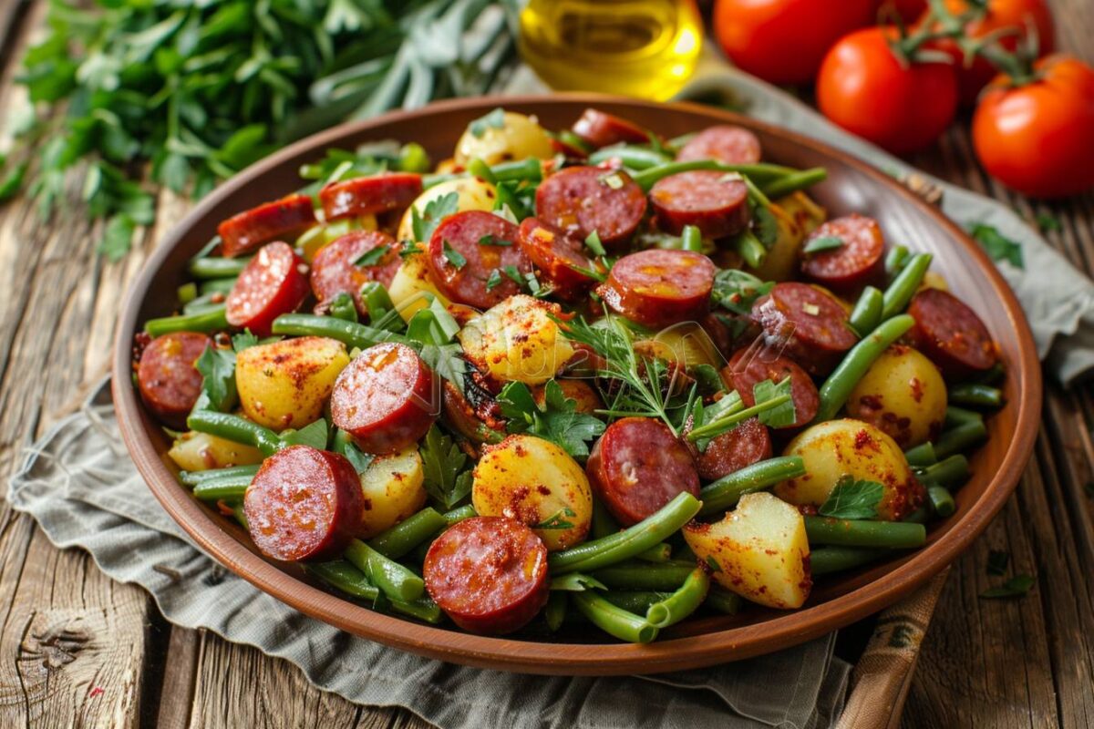 La salade de haricots verts et pommes de terre au saucisson sec pour votre table, prête en 20 minutes