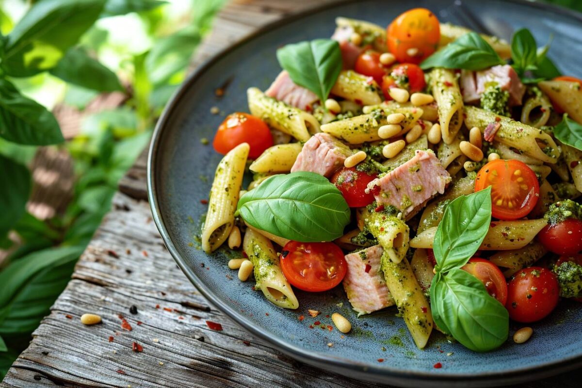 La salade de penne au thon revisité avec pesto et pignons, prête en 25 minutes, une recette facile et délicieuse