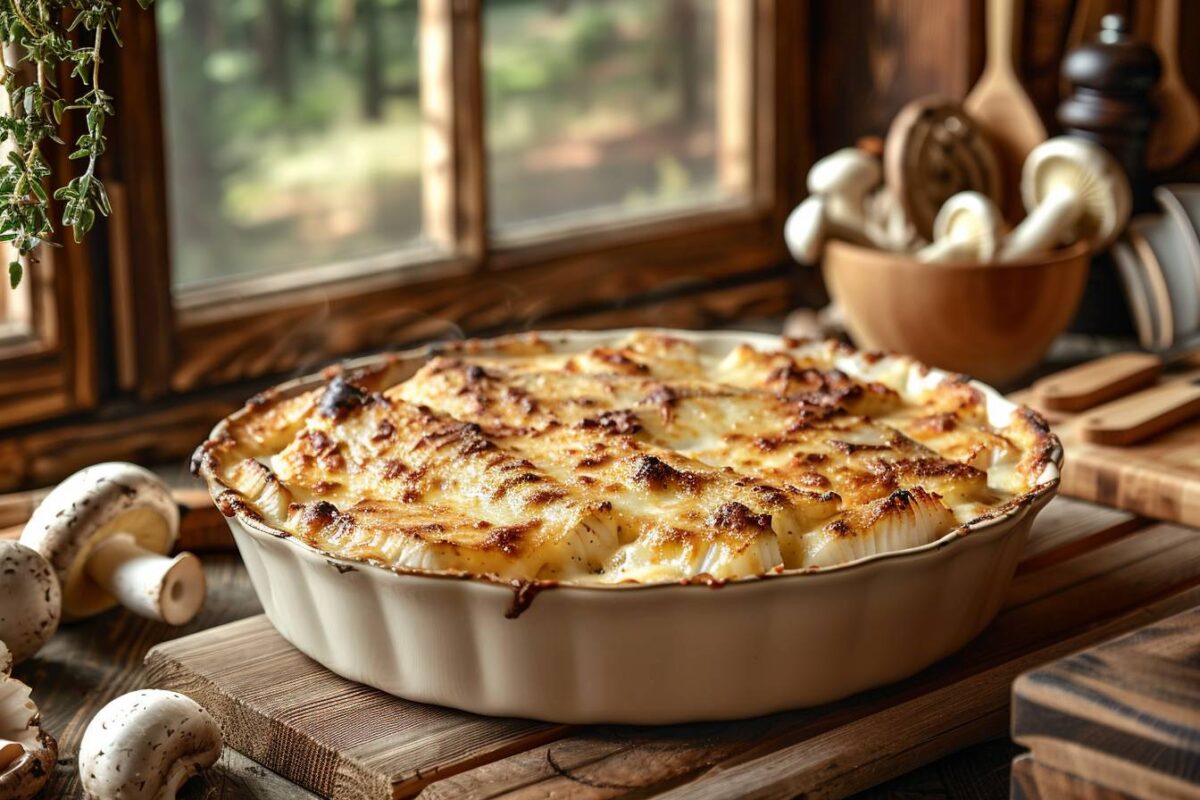 Le classique gratin de poisson avec une touche forestière grâce aux champignons