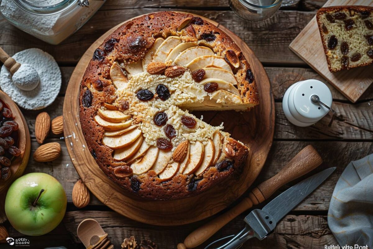 Le gâteau fondant aux pommes, raisins secs et amandes, parfumé au Calvados, prêt en 45 minutes