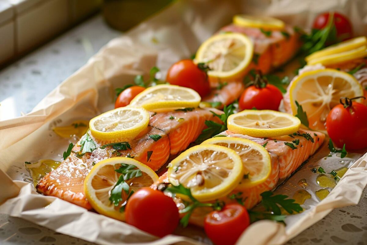 Le plaisir de manger sain avec cette recette de papillotes de truite, tomate et citron, prête en 20 minutes