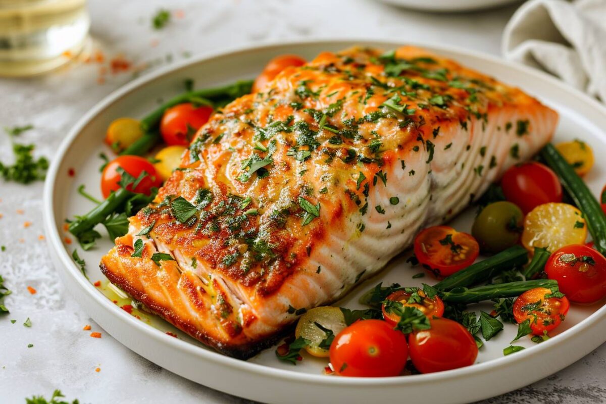 Le saumon au four savoureux avec ses légumes croquants, prêt en 40 minutes