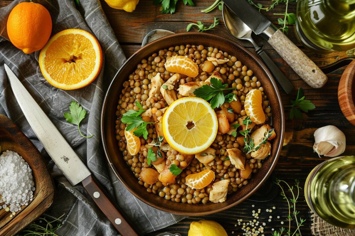 Les lentilles au poulet, prêtes en 40 minutes, agrémentées d’orange, de citron et de vin blanc pour raviver vos papilles avec des astuces de chef