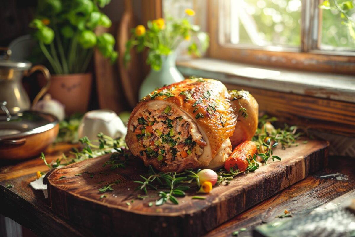 Les saveurs de la campagne avec cette recette sublime de poulet farci rustique, prête en 1 heure