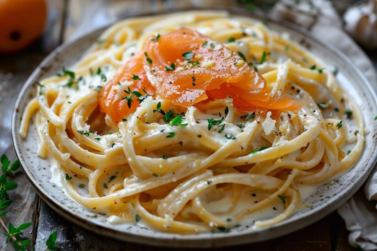 Les secrets d’une recette réconfortante : pâtes au saumon fumé et fromage à l’ail et aux fines herbes