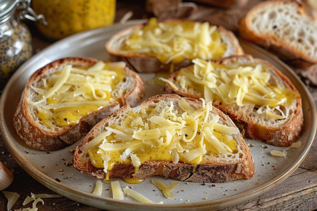 Les tartines grillées à la moutarde et au gruyère pour un apéritif croustillant et savoureux