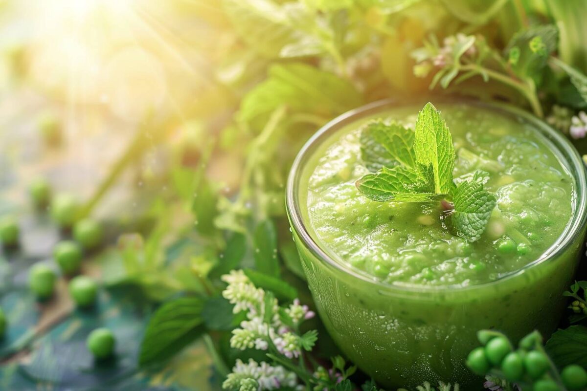 Redécouvrez la fraîcheur de l’été avec cette soupe glacée aux petits pois et à la menthe, idéale pour vos repas légers