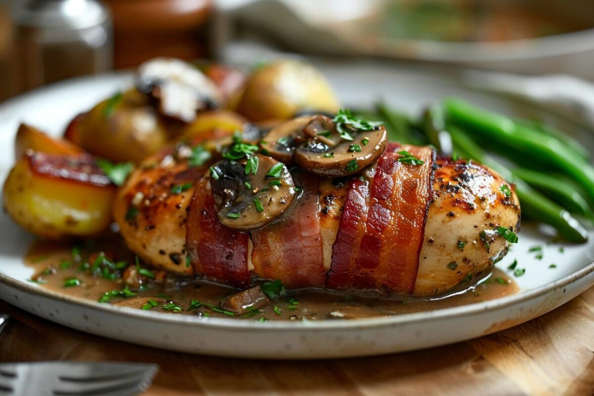 Une recette de poulet au bacon et champignons, prête en 15 minutes