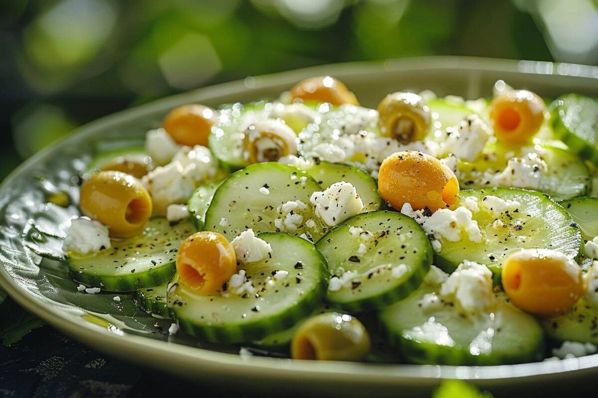 Une salade de concombre au chèvre et olives, prête en 10 minutes pour éveiller vos papilles cet été