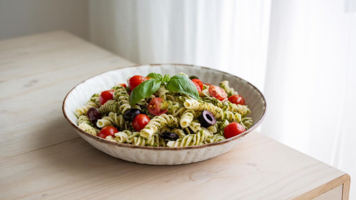 Délices d'été : salade de pâtes végétalienne au pesto de roquette