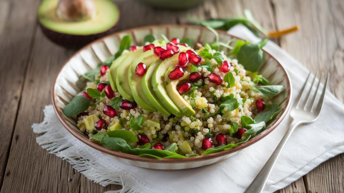 Éclat de saveurs : salade végétalienne de quinoa, avocat et grenade