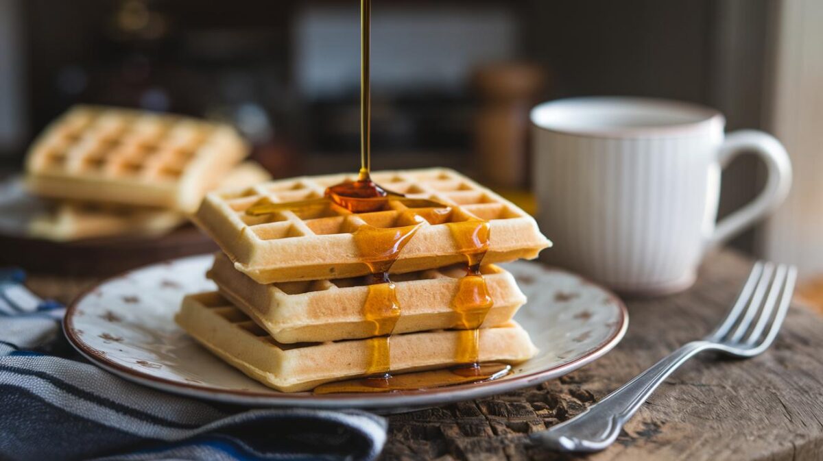 L'heure du goûter : gaufres végétaliennes à la vanille, sirop d'érable en accompagnement