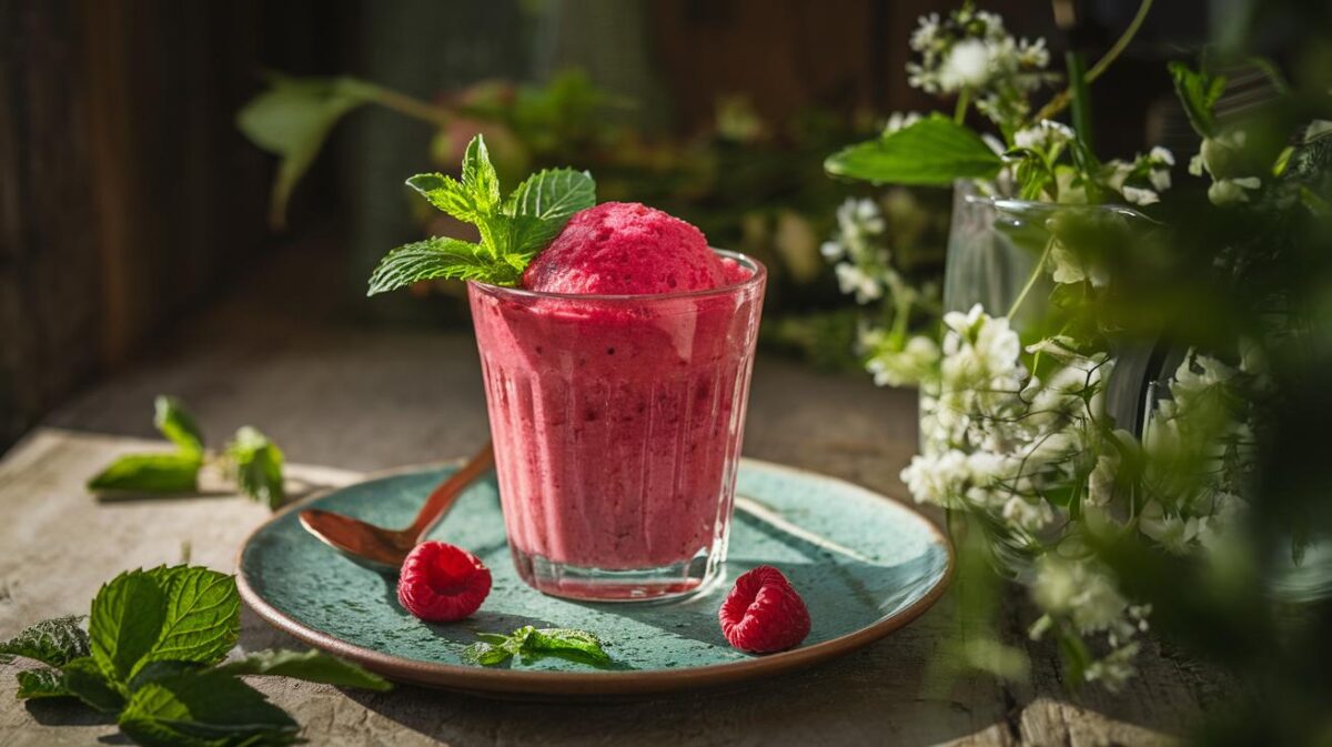 Plaisir pur : sorbet maison à la framboise, fraîcheur végétalienne