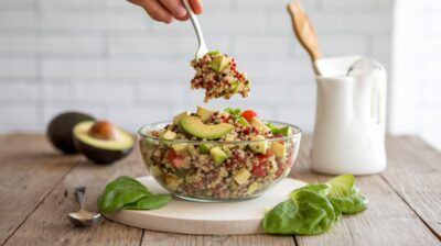 Recette facile et rapide : salade végétalienne quinoa et avocat pour un déjeuner plein d'énergie