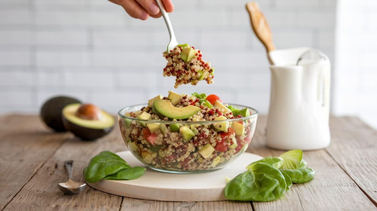 Recette facile et rapide : salade végétalienne quinoa et avocat pour un déjeuner plein d'énergie