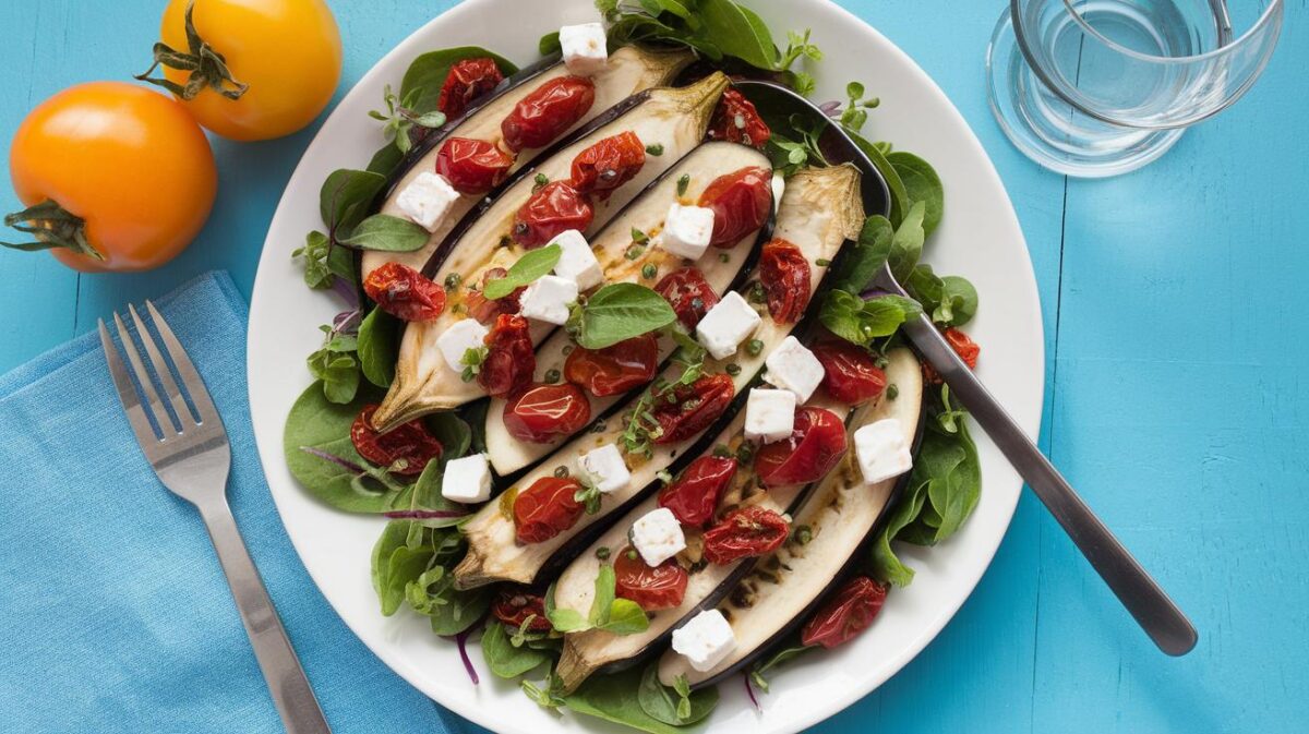 Découvrez cette recette de salade d'aubergines, tomates séchées et feta pour une explosion de saveurs estivales