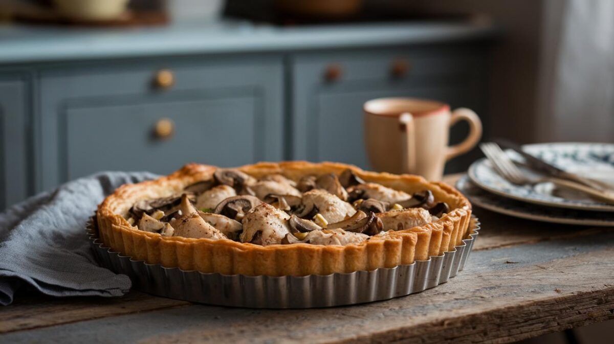 Découvrez comment cette tarte feuilletée au poulet et aux champignons peut illuminer votre journée pluvieuse