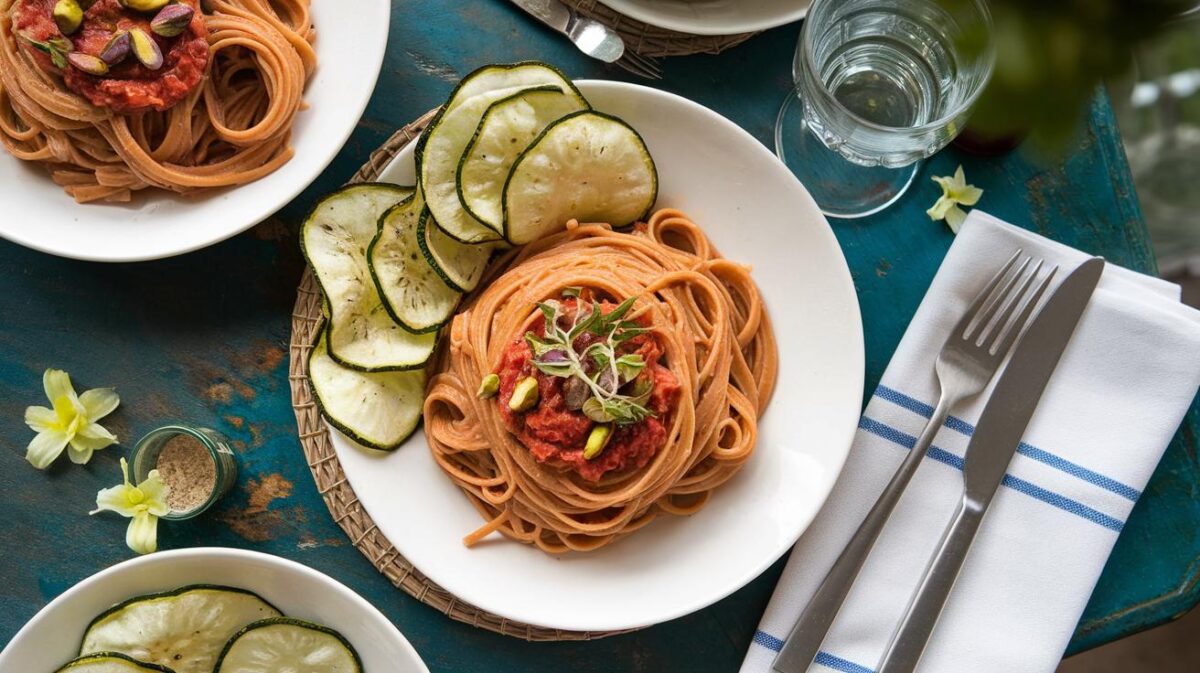 Découvrez comment ravir vos papilles avec des pâtes sauce crue tomate & pistache et des chips de courgettes