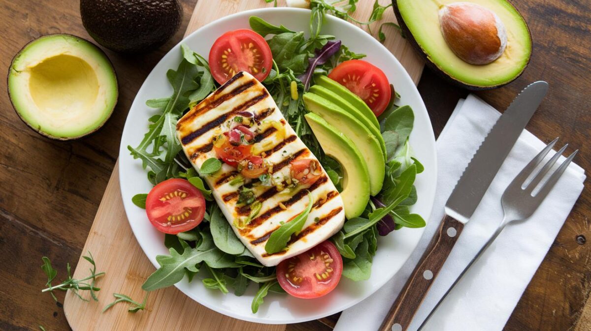 Découvrez comment ravir vos papilles avec une salade au halloumi grillé, avocat, tomates et roquette