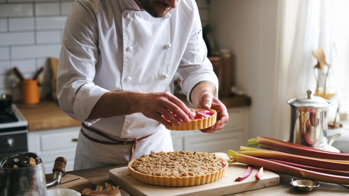 Découvrez comment réaliser la tarte crumble à la rhubarbe comme un véritable chef pâtissier