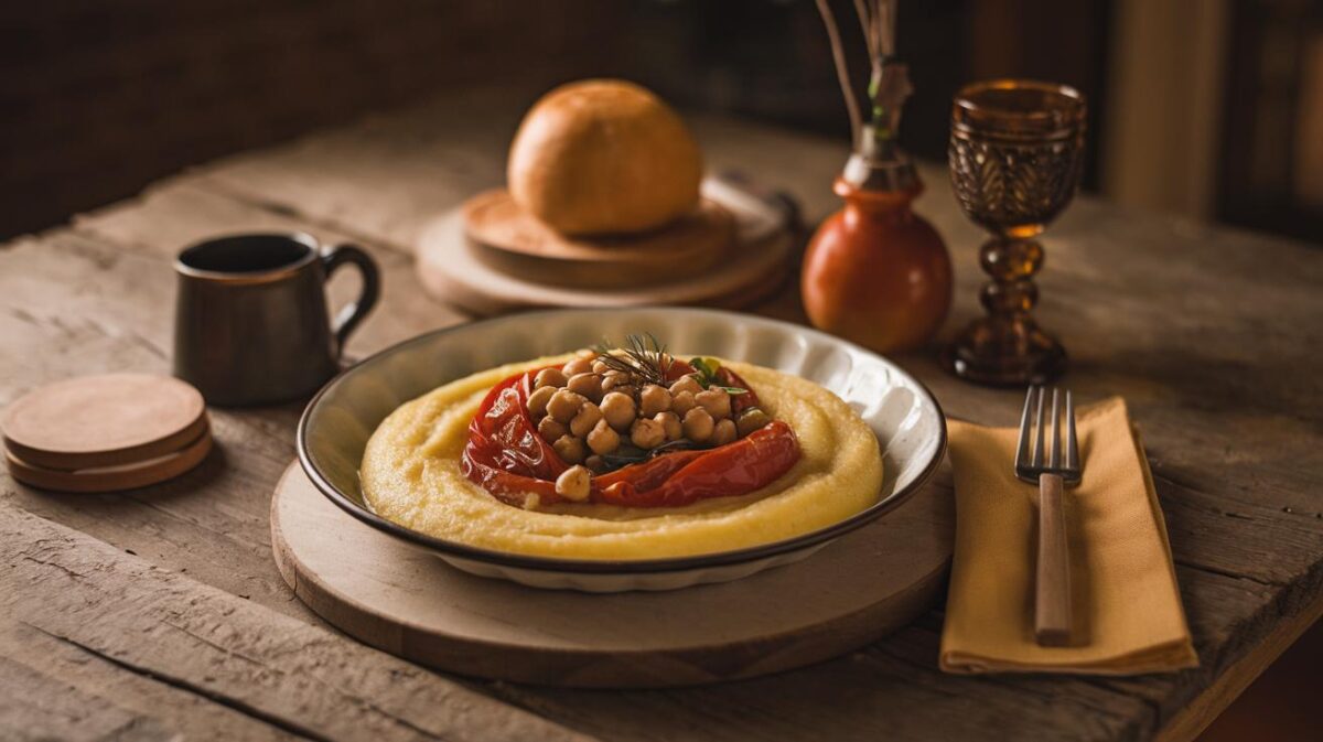 Découvrez comment transformer votre repas en une expérience méditerranéenne avec la polenta au pecorino, tomates et pois chiches rôtis