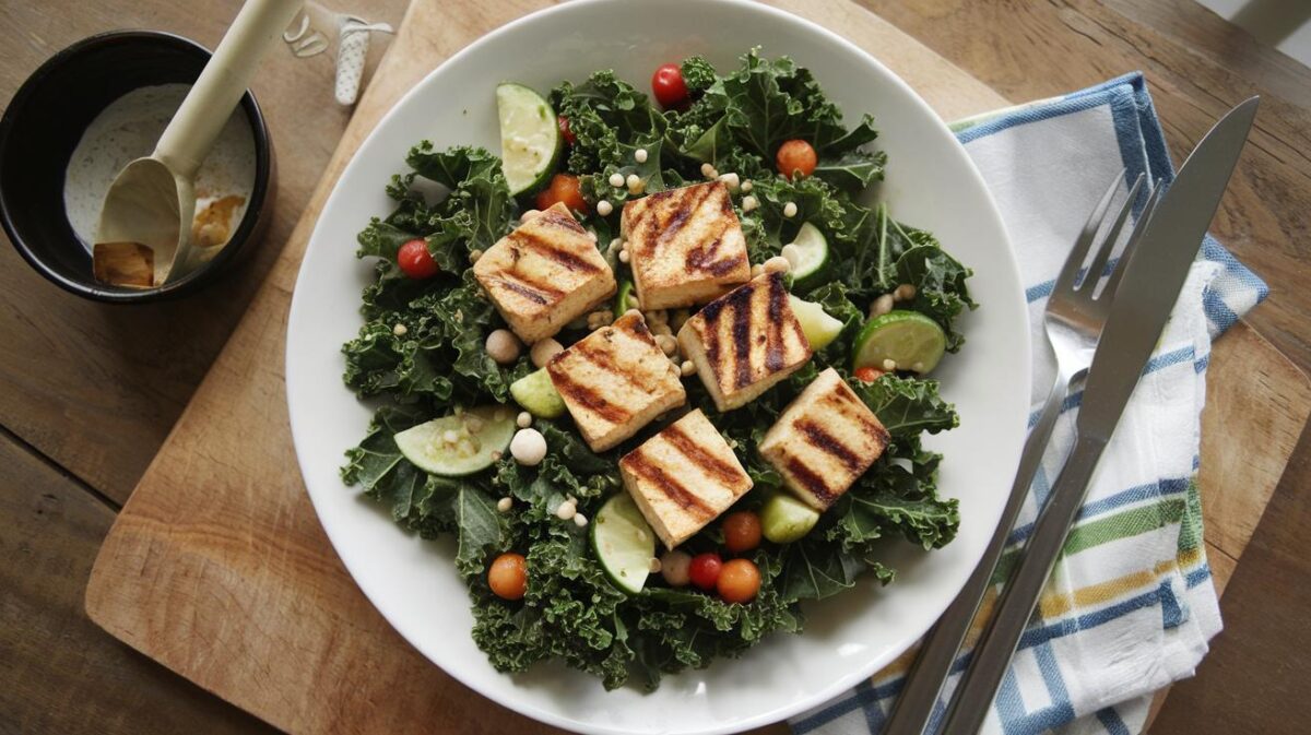 Découvrez la fraîcheur et la gourmandise de la salade de kale au tofu grillé, un délice simple et rapide à préparer