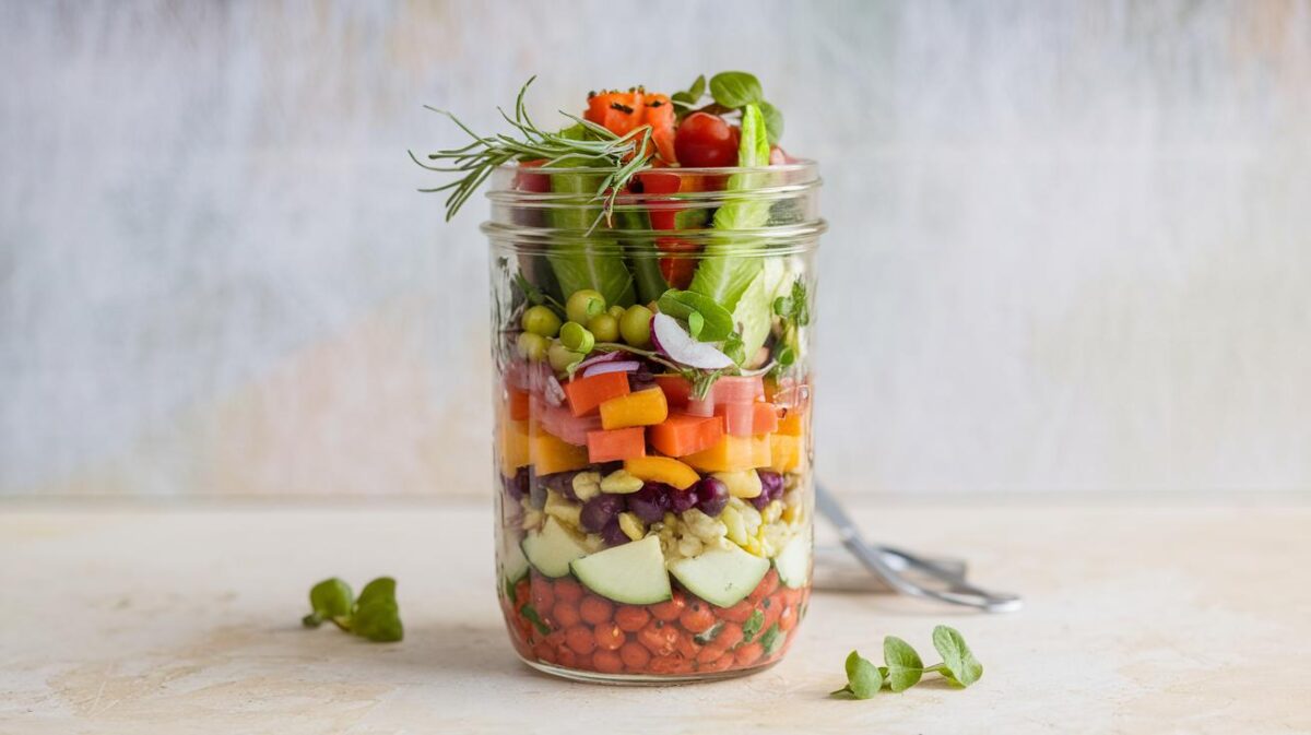 Découvrez la salade Jar protéinée de Justine Gallice : une recette rapide pour un repas sain et savoureux