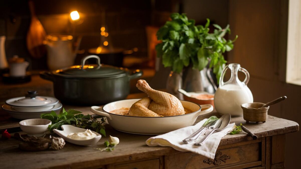 Découvrez la technique secrète pour réussir le fameux poulet à la crème de la Mère Blanc, un trésor de la gastronomie française