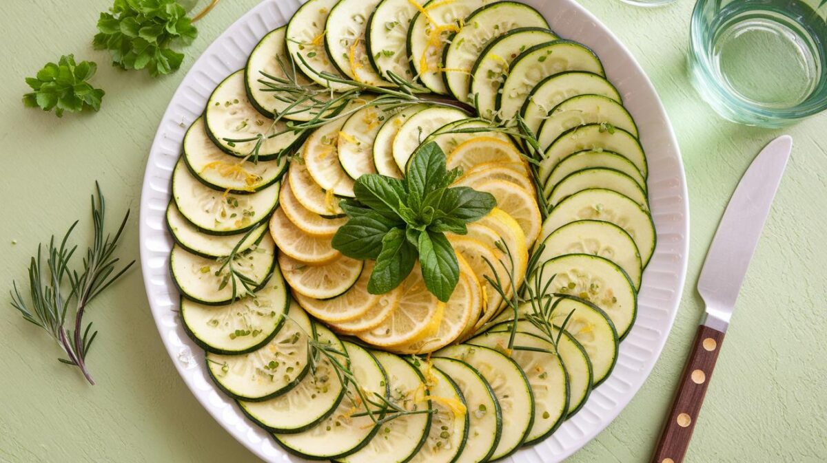 Délices du jardin : carpaccio de courgettes végétalien, zestes et herbes