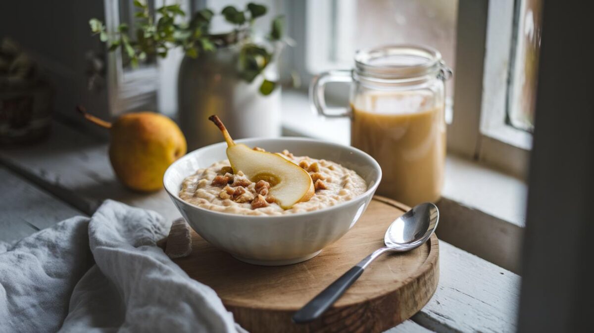 Douceur matinale : porridge végétalien aux poires caramélisées