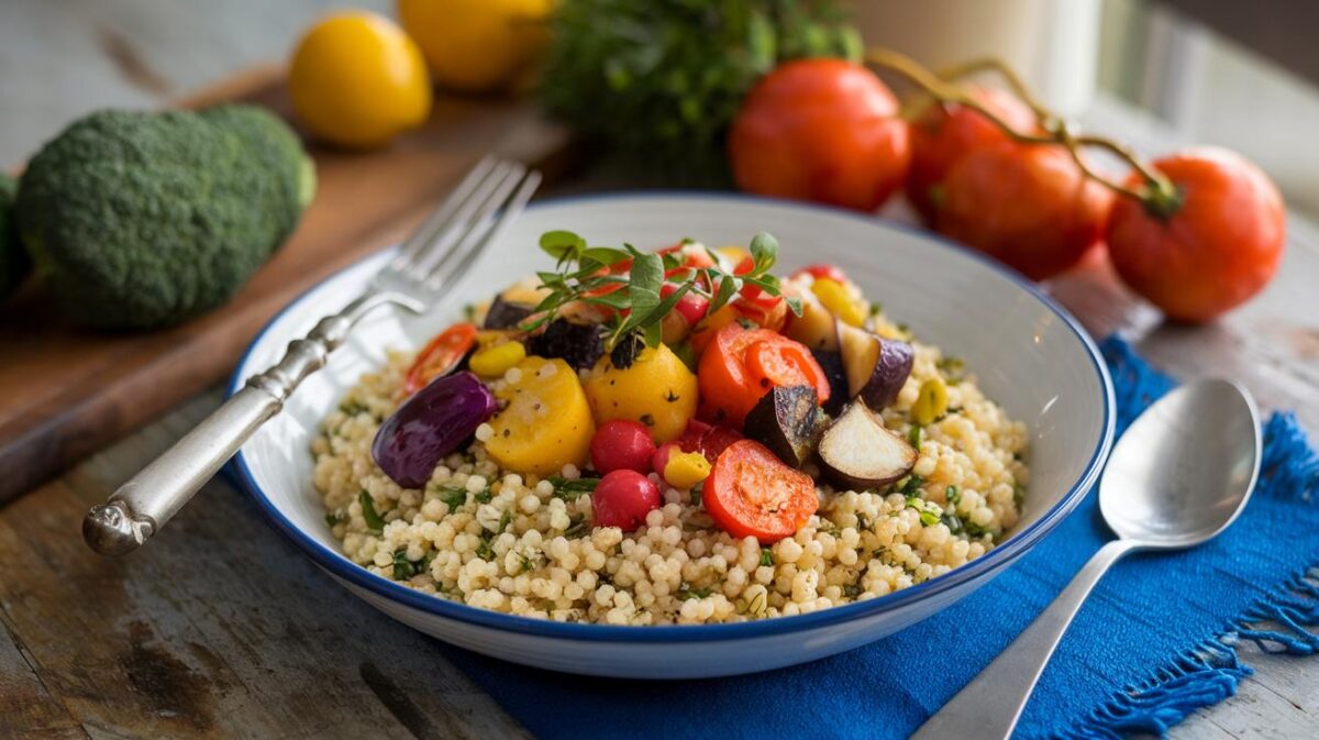 Évasion gourmande : couscous perlé végétalien aux légumes rôtis