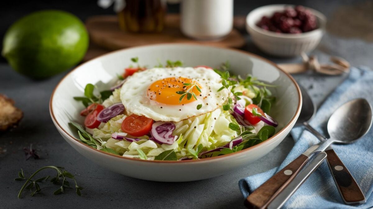 Les secrets d'une salade de chou à l’œuf coulant parfaite : découvrez comment éveiller vos papilles avec cette recette simple et savoureuse