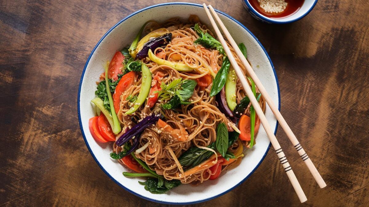 Noodles sautés aux légumes de tous les records, un festival de légumes dans un plat asiatique