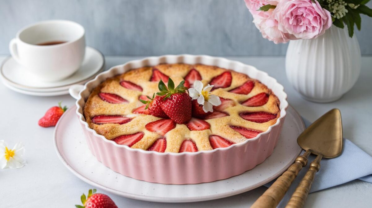 Redécouvrez la fraîcheur du printemps avec un clafoutis aux fraises fait maison, un pur délice!