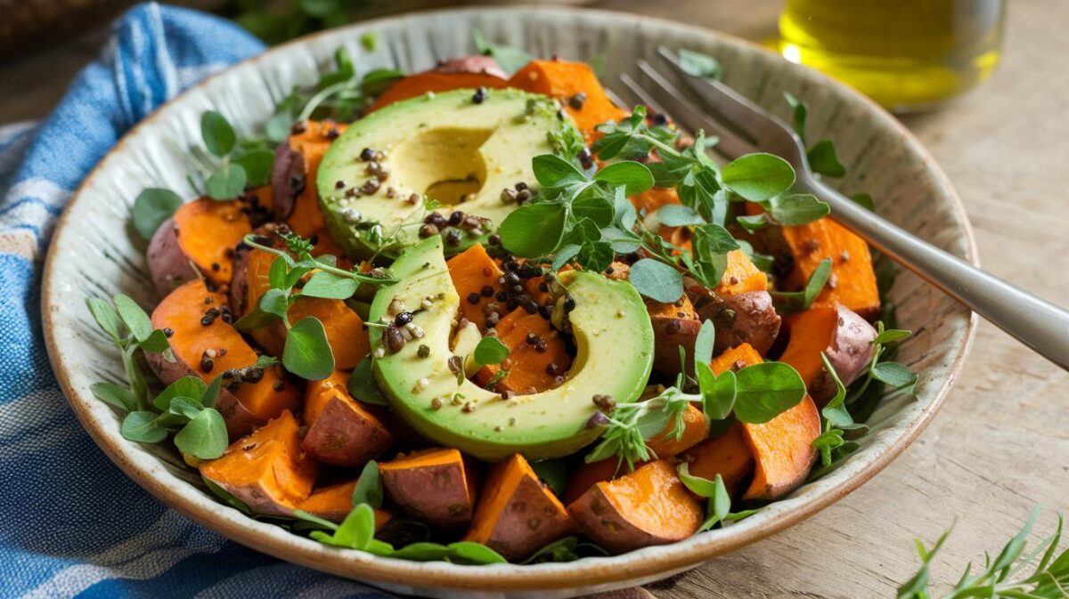 Redécouvrez le plaisir de manger sain avec cette salade tiède de patates douces et avocat