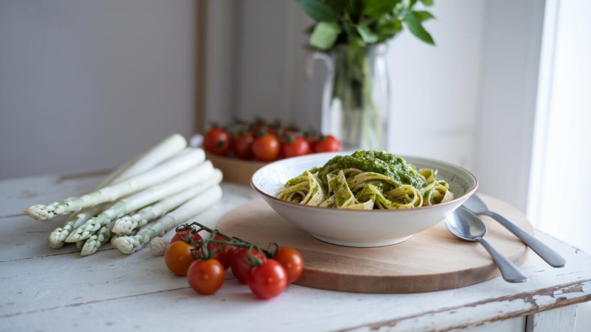 Redécouvrez le printemps avec une recette savoureuse de pâtes aux asperges blanches et pesto de tomates