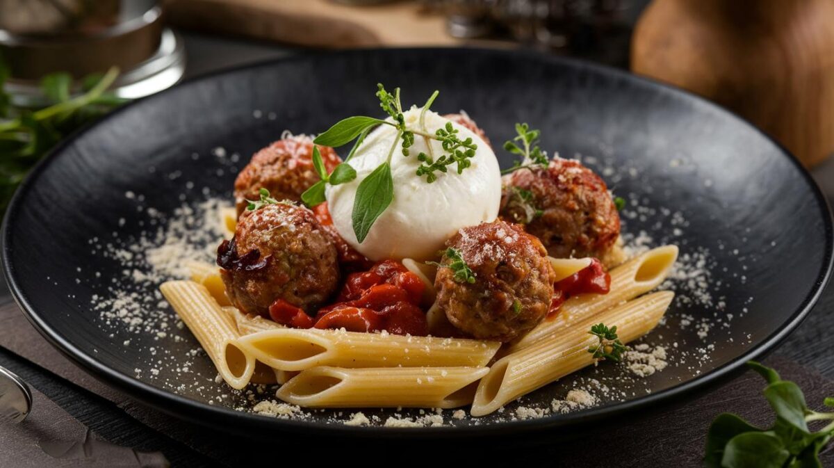 Redécouvrez les penne à la burrata et aux boulettes selon Cyril Lignac : un plat riche en saveurs