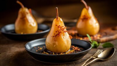 Redécouvrez les poires poêlées, un dessert d'hiver parfumé aux épices et au jus d'orange