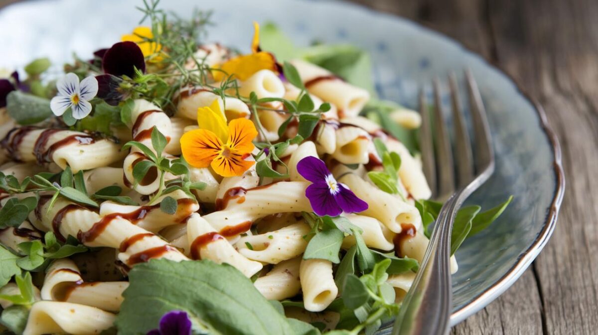 Redécouvrez les saveurs du printemps avec cette salade de pâtes et sa crème de balsamique maison