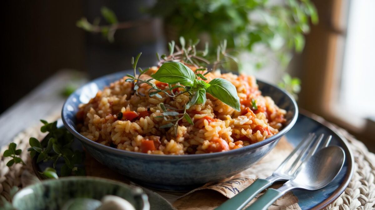 Redécouvrez les saveurs du Sud avec cette recette de riz à la tomate et au basilic, un délice simple et raffiné